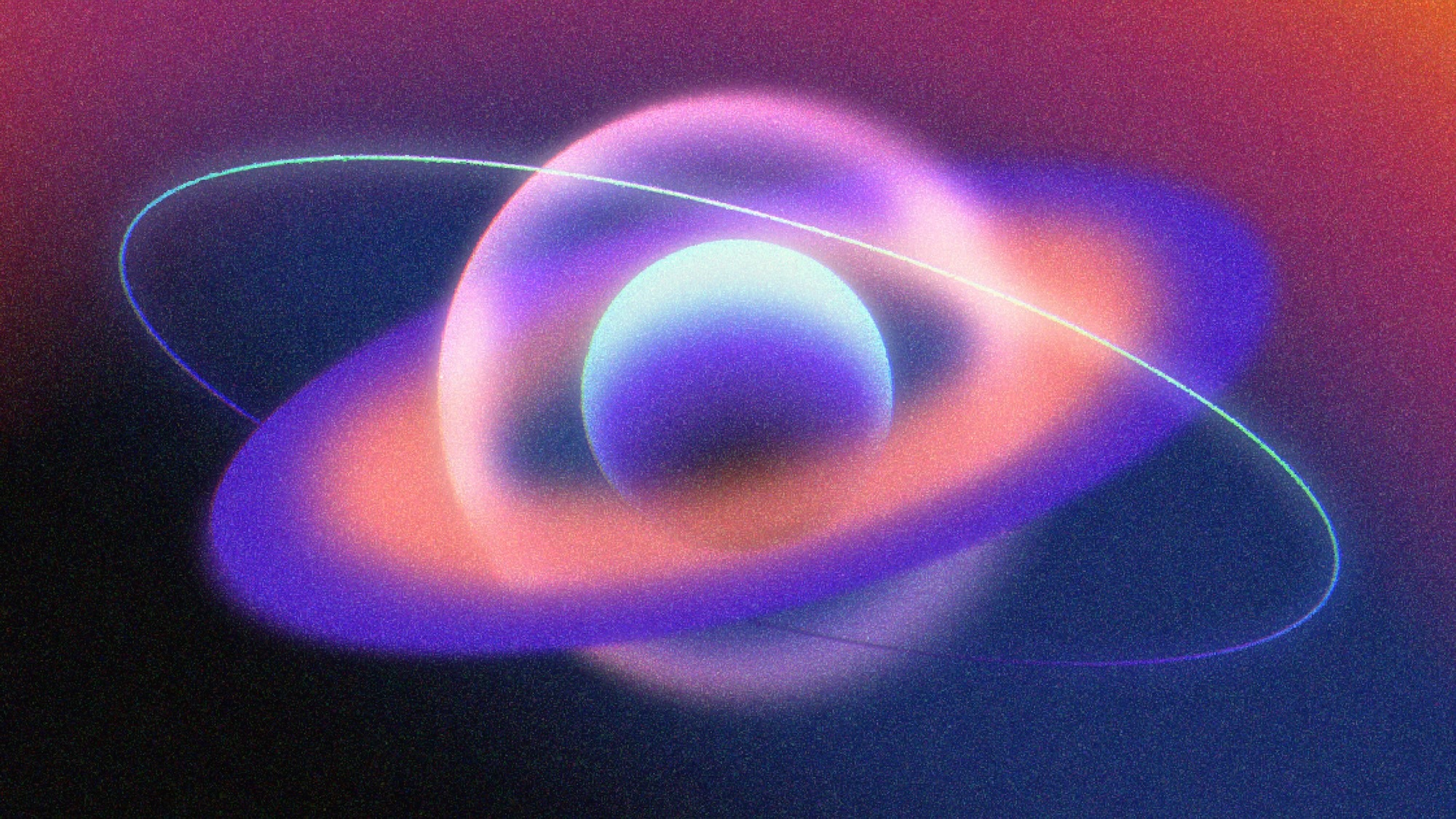 Luminous violet planet surrounded by pink and cyan orbital rings