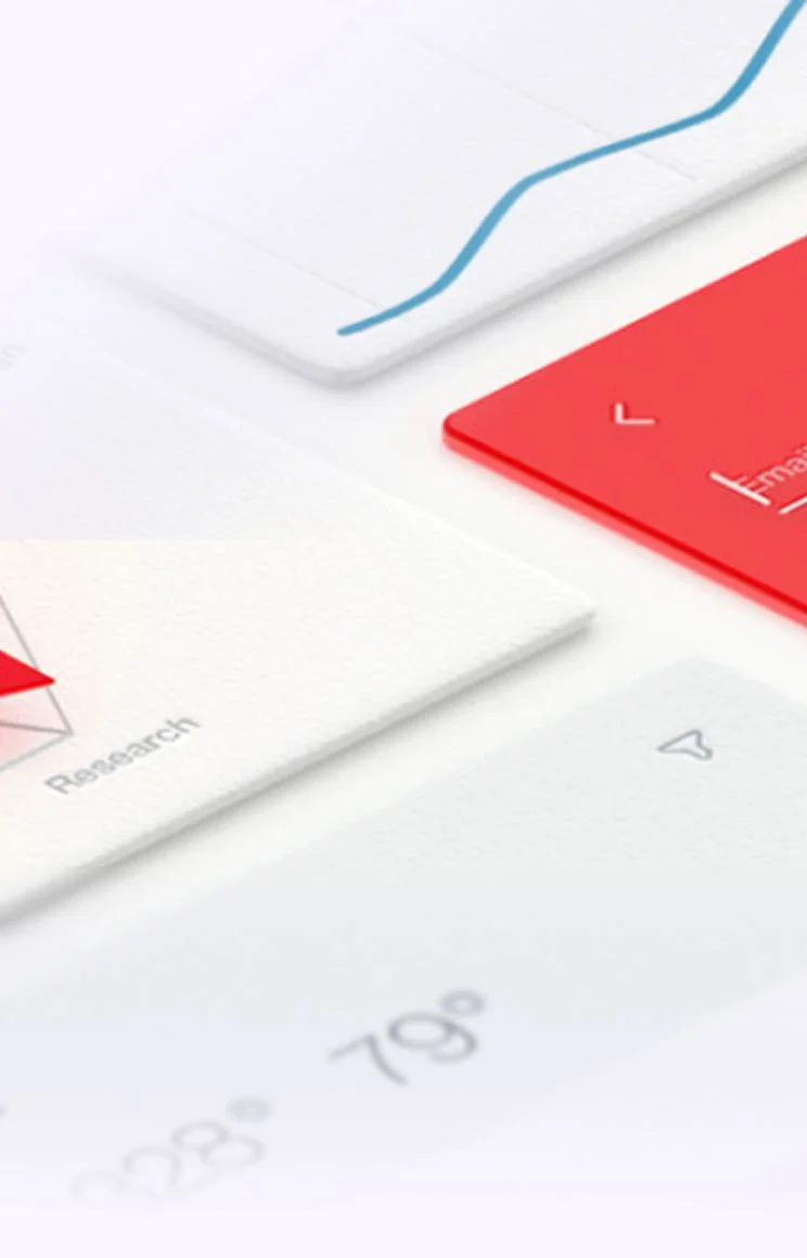 ADP product interface artwork with pale cards, red accents, and a blue chart