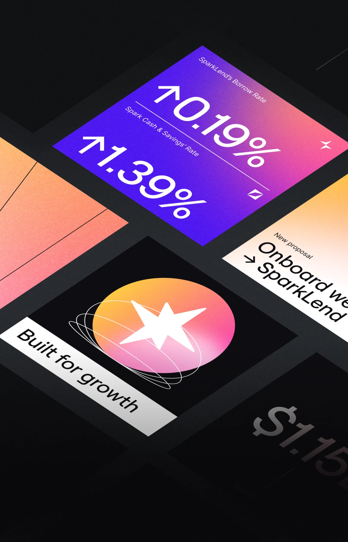 Spark brand layouts with violet, pink, and orange gradients and financial graphics