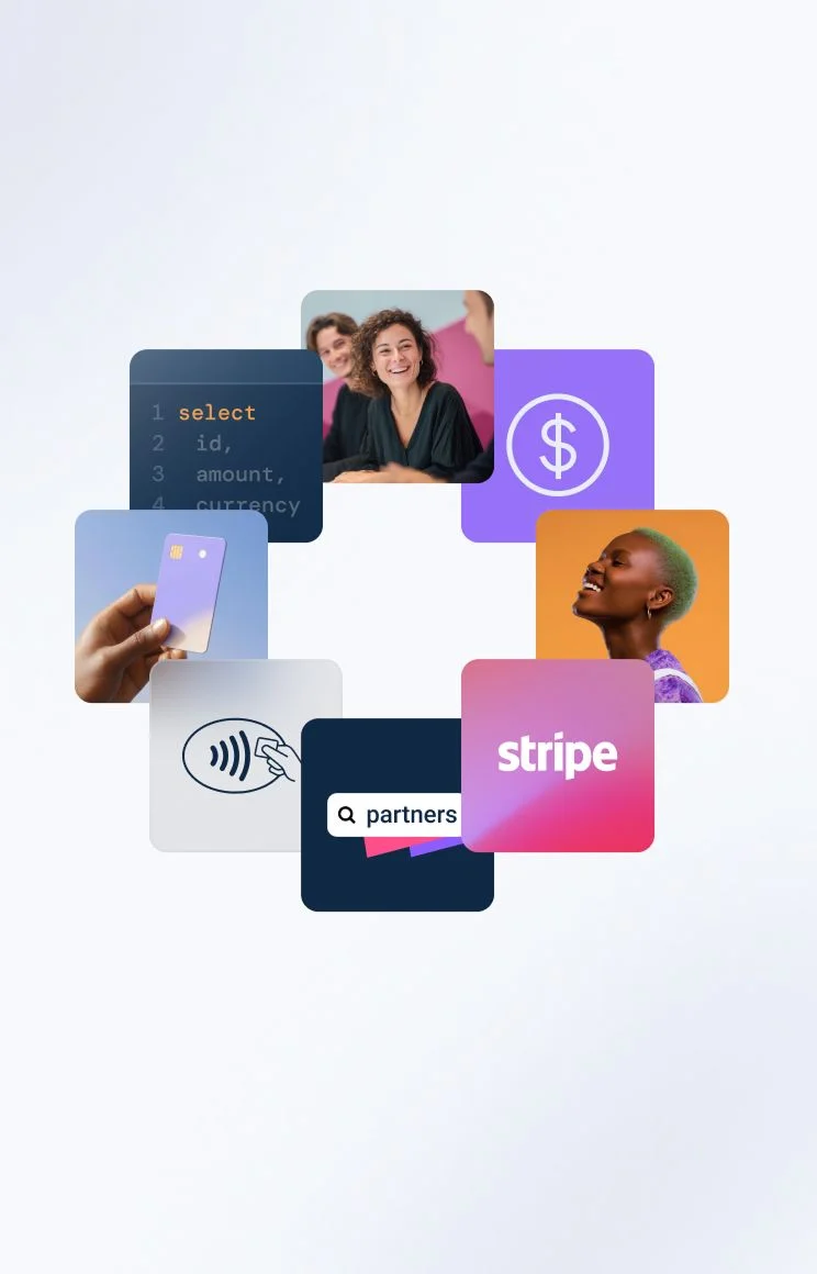 Stripe partner ecosystem artwork combining people, payments, and technology