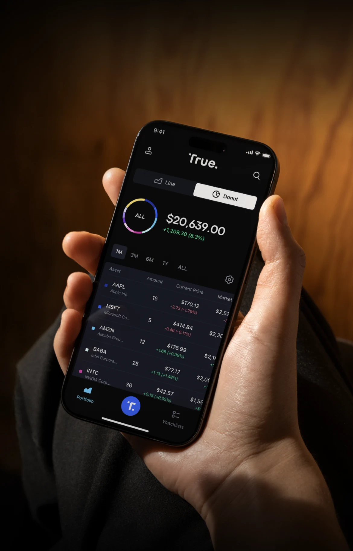 A hand holding a phone with the True Markets trading and portfolio app